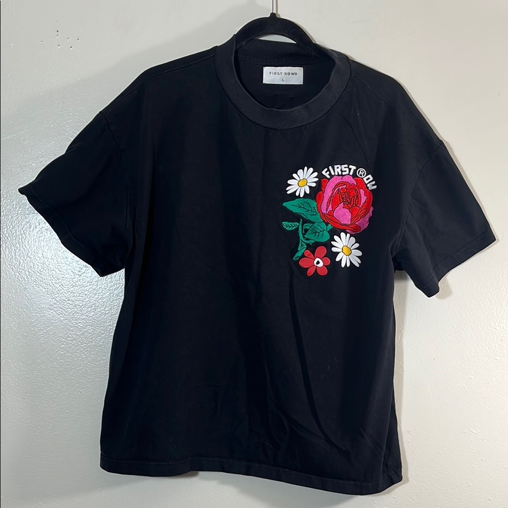 First Row Black and Red Short Sleeve Tee with Floral Embroidery